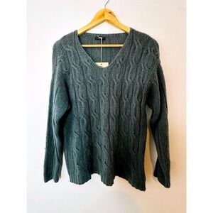 Saga Made in Italy Sweater V-Neck Cable Knit Wool Blend Gray Women's